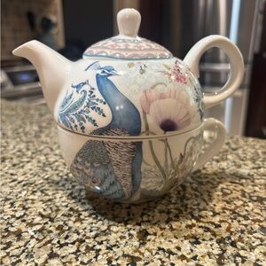 Peacock Design Ceramic Tea Set - Blue and Cream